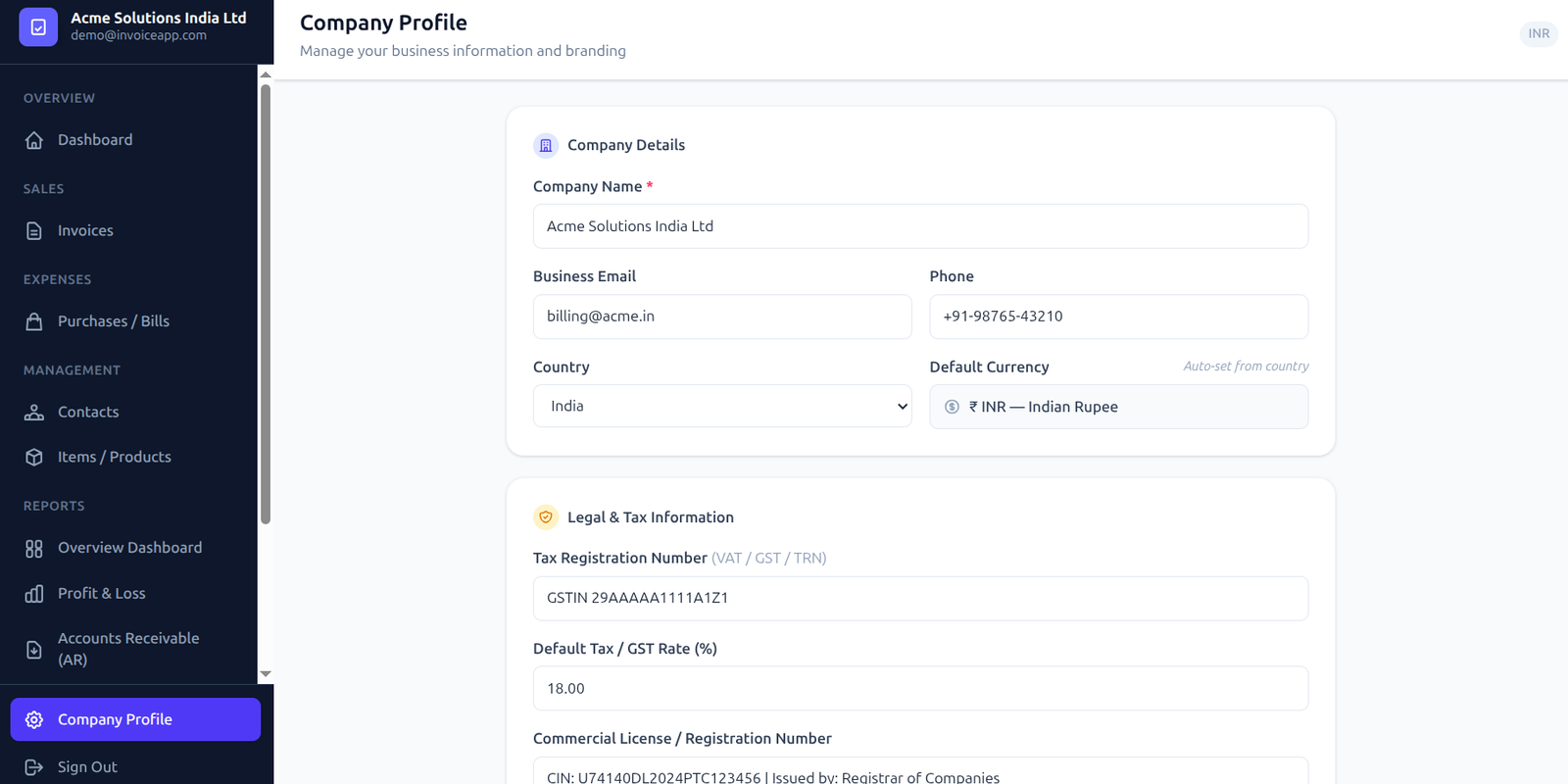 Glofora Invoice Company Profile Settings