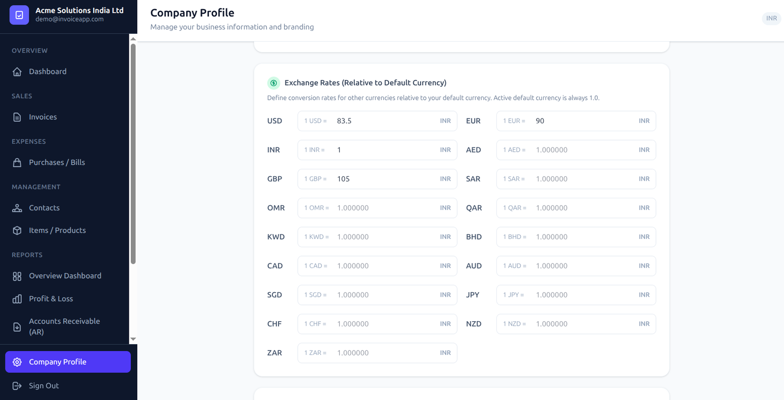 Glofora Invoice Exchange Rates Dashboard